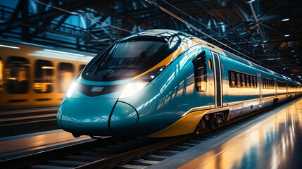 Fototapeta premium an ultra-modern passenger train runs on tracks and transports passengers