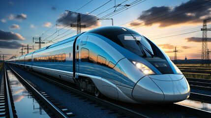 Naklejka premium an ultra-modern passenger train runs on tracks and transports passengers