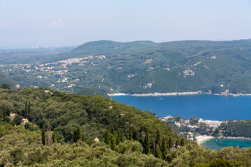 Naklejka na ściany i meble Panoramic view on Mediterranean Sea with forest, Corfu