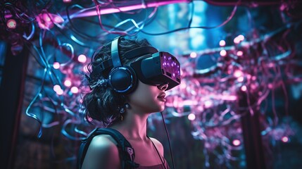 A teenager wearing a brain-computer interface device with electrodes, deeply engaged in a virtual reality game, highlighting the integration of technology with the human mind. - obrazy, fototapety, plakaty