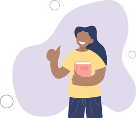 Learning and reading concept. Young positive woman standing holding a book.