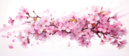 Pink Cherry blossoms and falling petals flower. Watercolor, AI generated image
