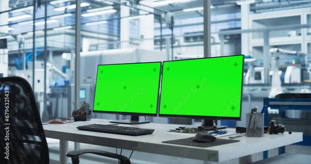Poster Modern Industrial Manufacture with Desktop Computers with Green Screen Mock Up Display. Scientific Lab, Engineering Research Center with High-Tech Equipment, Technology for Robot Development
