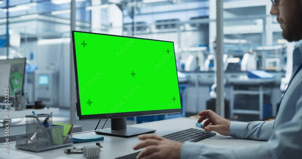 Aufkleber Young Industrial Software Engineer Working on a Desktop Computer with Green Screen Mock-Up Display. Modern Factory with High-Tech Machinery and Robotic Arms in the Assembly Hall