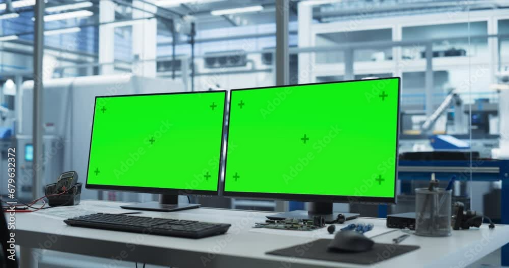 Poster Electronics Conveyor Factory: Office with Two Computers with Green Screen Chroma Key Displays on a Table. Automated Assembly Line with Robot Arms Manufacturing Components in the Background
