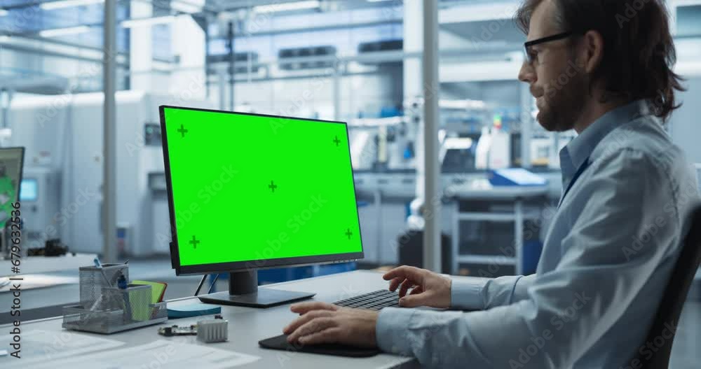 Poster Robotics Engineer Working on a Desktop Computer with Green Screen Chromakey Mock Up Display in a Startup Factory. High Tech Technological Research and Development Company with Autonomous Assembly Line