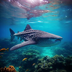 Whale shark, coral reef, bright colors, rare shark species.