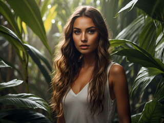 Sexy beautiful woman hiding behind the palm leaves. Portrait of beautiful caucasian stylish young female