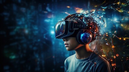 A teenager immersed in a virtual reality game, wearing a brain-computer interface with electrodes, showcasing the convergence of technology and the human mind.