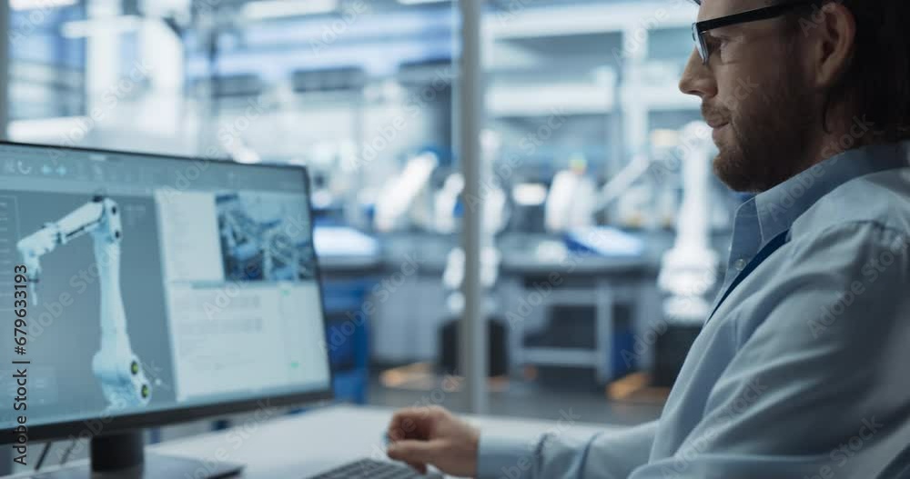 Poster System Administrator Working on a Desktop Computer at a Modern Manufacturing Plant. Software Developer Programming the Work of the Robotic Arms, Monitoring Production on the Assembly Conveyor