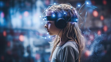 A teenager immersed in a virtual reality game, wearing a brain-computer interface with electrodes, showcasing the convergence of technology and the human mind.