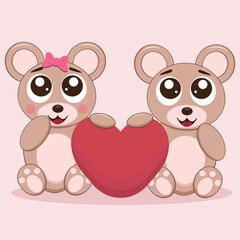 Valentine's Day greeting card with cute bear and red heart on a pink background. Vector illustration