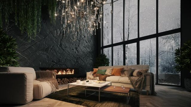 Cozy livingroom with snow outside the window. Christmas eve cozy mood in living room. 3d animation