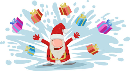 Fototapeta na wymiar santa claus cartoon with explosion of gifts. vector illustration