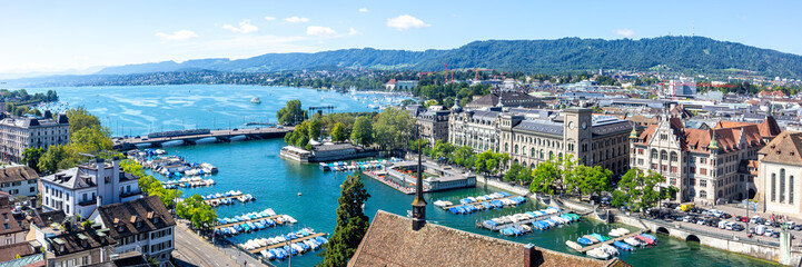 Zurich skyline with lake from above panorama in Switzerland - obrazy, fototapety, plakaty