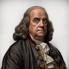 Portrait of Benjamin Franklin, the first president of the United States. Realistic 3d photo. - obrazy, fototapety, plakaty