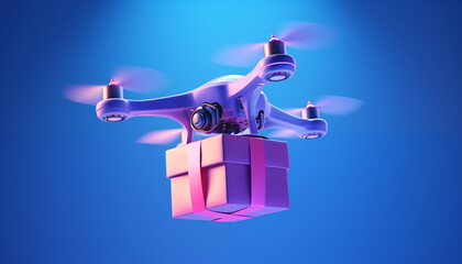 3d rendering of a drone making a delivery of a gift. Gradient blue background. 