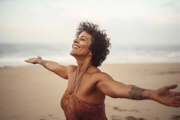 Happy senior woman enjoying summer freedom on the beach. Generative AI. - obrazy, fototapety, plakaty