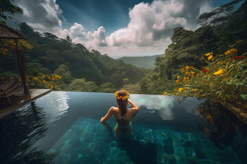 Relaxing Woman with Floral Hair in Infinity Pool Overlooking Jungle. Generative AI.