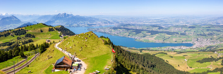 View from Rigi mountain on Swiss Alps, Lake Lucerne and Pilatus mountains panorama in Switzerland