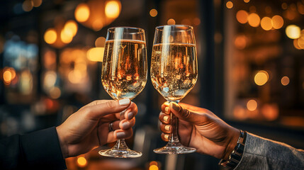 Two hands holding champagne cheers glasses at New Year's Eve