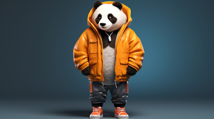 Panda in yellow parka and sports sneakers on dark blue background. Anthropomorphic animals. Banner