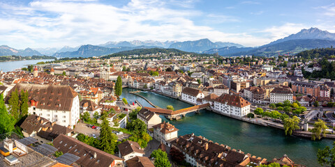 Fototapeta na wymiar Lucerne city at Reuss river and lake with Spreuerbrücke bridge from above panorama in Switzerland