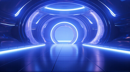Empty indigo tunnel. Technology futuristic background.