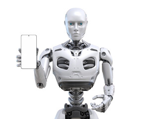 Futuristic android robot holding or using a smart phone - 679634766