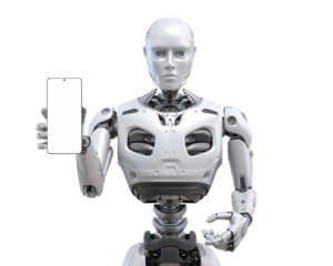 Futuristic android robot holding or using a smart phone