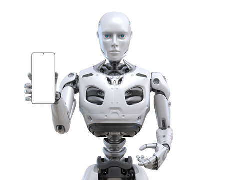 Futuristic android robot holding or using a smart phone