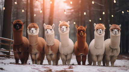 Alpacas on the farm. A herd of alpacas on a farm for Christmas. - obrazy, fototapety, plakaty