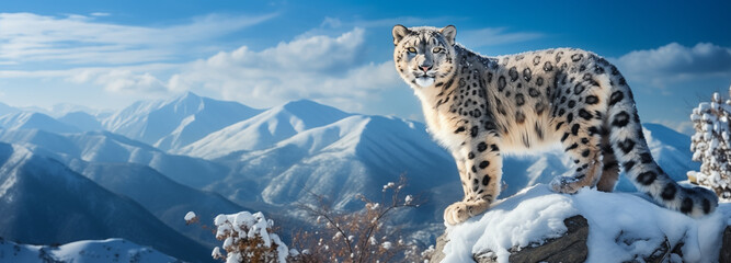 Snow leopard in the mountains. - obrazy, fototapety, plakaty