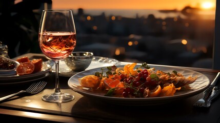 Restaurant table with glass of rose wine and tasty appetizer