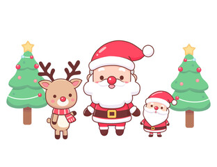cute Santa Claus, reindeer, and Christmas tree decorations. Holiday cartoon character vector.