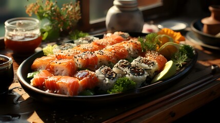 Sushi set on a wooden table. Sushi rolls with salmon, eel, caviar, cream cheese, cucumber, soy sauce, wasabi and ginger