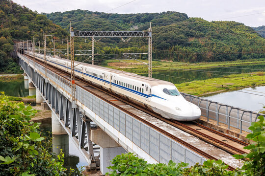 Shinkansen N700 high-speed train operated by Japan Rail JR on Sanyo Shinkansen line in Kurashiki, Japan