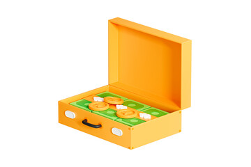 3D Suitcase full of money. Stack of banknote in open yellow briefcase. Сash winnings in online game. Golden coins. Investment concept. Cartoon creative design icon isolated. 3D Rendering