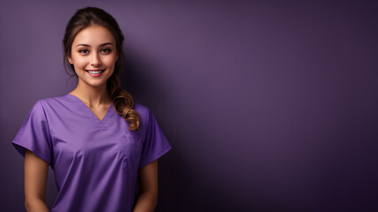 Smiling, attractive young woman wearing purple medical clothes, isolated on a purple background