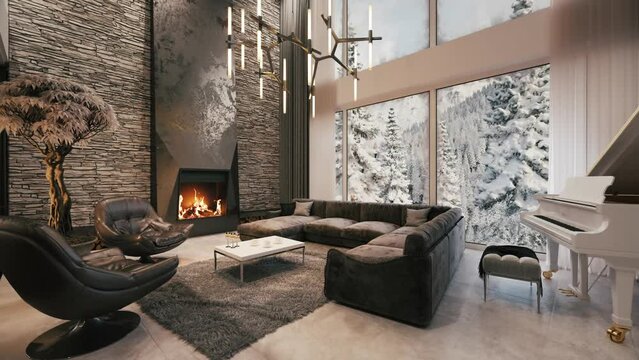 Large living room with fireplace and sofa. Cozy interior in winter time. White piano in the living room. 3d animation