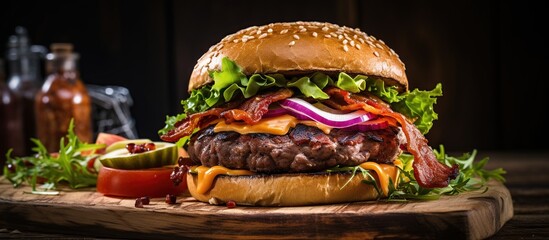 Delicious homemade beef burger with bacon and vegetables on wood serving board. AI generated image - obrazy, fototapety, plakaty