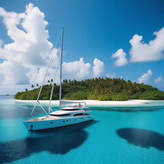 A white yacht is standing near a small tropical island