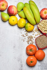 Zenith view, healthy food, fruit and legumes. Vertical shot.