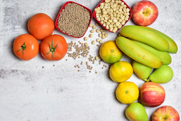 Zenith view, healthy food, fruit and legumes. Copy space.
