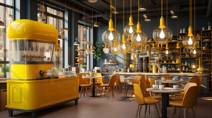 Fototapeta na wymiar Inside the coffee shop is a large yellow gold lamp