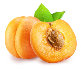Ripe apricot and apricot half on white background. File contains clipping path.