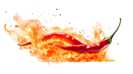 Red hot chili pepper in a dynamic fire, representing intense spiciness on a white backdrop