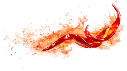 Red hot chili pepper in a dynamic fire, representing intense spiciness on a white backdrop
