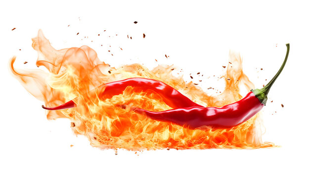Red hot chili pepper in a dynamic fire, representing intense spiciness on a white backdrop