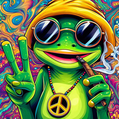 Happy psychedelic frog smoking - obrazy, fototapety, plakaty